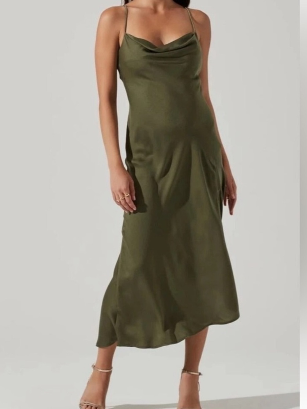 Astr Olive Slip Midi Dress with Cowl Neck